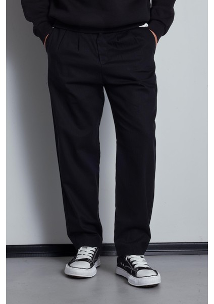 Erkek Beli Lastikli Desenli Baggy Pantolon Siyah fiyatları