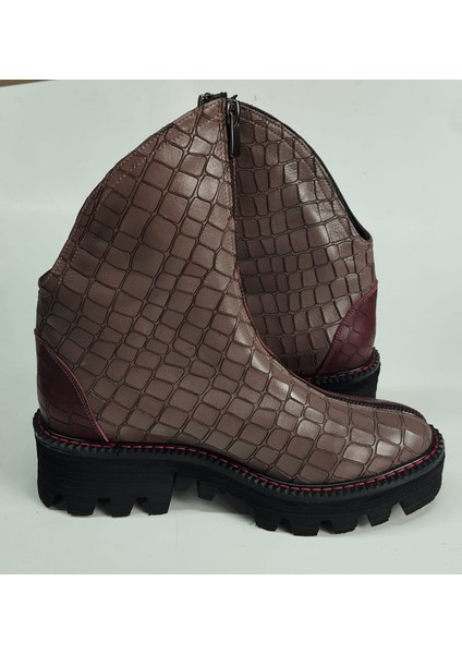 Kadın Hakiki Deri Vizon-Bordo Kroko Garnili Eva Taban Bot fiyatları
