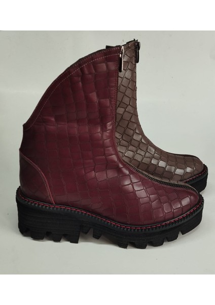 Kadın Hakiki Deri Vizon-Bordo Kroko Garnili Eva Taban Bot modelleri