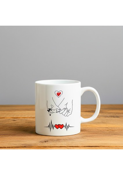 Kalp Grafiği Çizgi Baskılı-Hediyelik Seramik Kupa Bardak