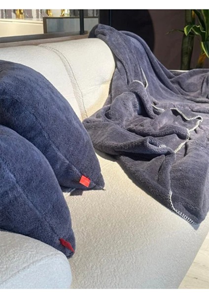 Wellsoft Tek Kişilik Tv Battaniye ve Kırlent Seti | Antrasit |150 x 200 cm modelleri