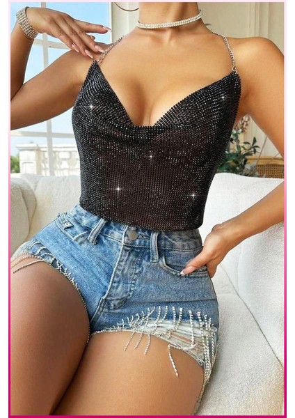 Kristal Taşlı Parlak Crop & Bluz Kolsuz Kayık Yaka Parti Plaj Büstiyer modelleri