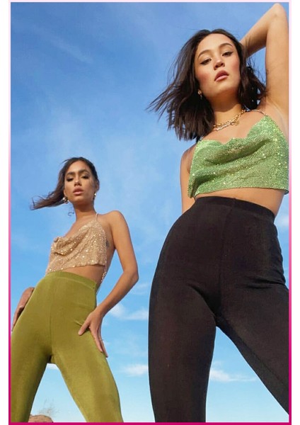 Kristal Taşlı Parlak Crop & Bluz Kolsuz Kayık Yaka Parti Plaj Büstiyer