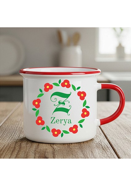 Isme ve Sevgililere Özel Enamel Çiçekli Kupa Bardak - Sevgililere Özel Kupa (Isim Için Mesaj Atınız)