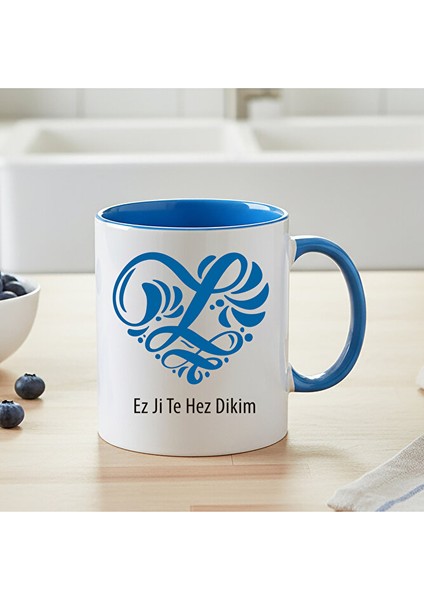 Sevgiliye Özel Kürtçe Ez Ji Te Hez Dikim Yazılı Mavi Renk Kupa Bardak - Ez Ji Te Hezdikim Mavi Kupa