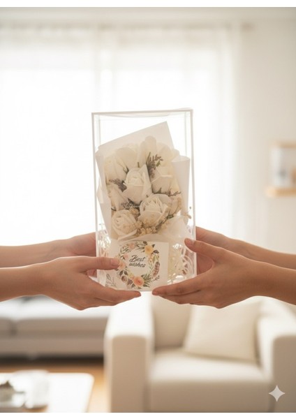 Kutulu 9 Kafalı Beyaz Gül Cipso Özel Gün ve Sevgiliye Hediye