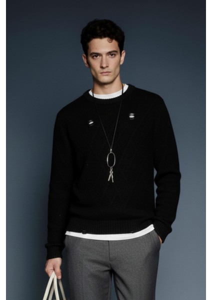 Erkek Oversize Desenli Triko Kazak Siyah