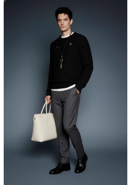 Erkek Oversize Desenli Triko Kazak Siyah modelleri