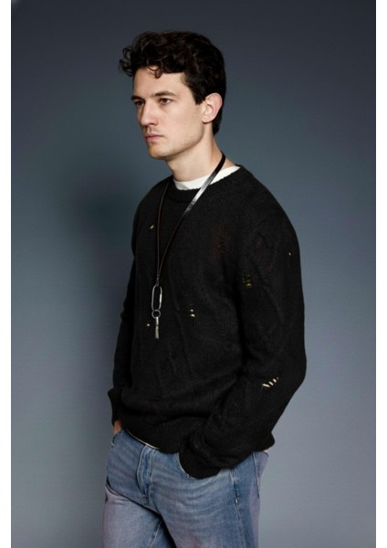 Erkek Oversize Desenli Triko Kazak Siyah fırsatları