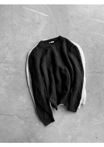 Erkek Oversize Desenli Triko Kazak Siyah indirimleri