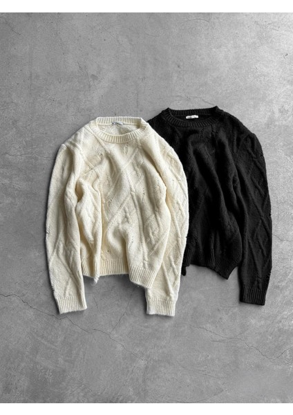 Erkek Oversize Desenli Triko Kazak Siyah