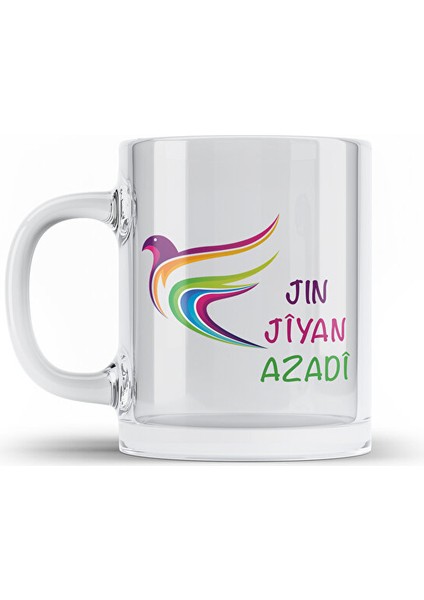 Jın Jiyan Azadi Camlı Kupa Bardak - Jin Jiyan Azadi Temalı Şeffaf Camlı Kupa Bardağı