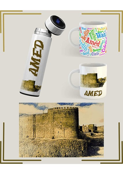 Amed Diyarbakır Tasarımlı Poster Kupa ve Termos Seti (2 Kupa 1 Termos 1 Poster)