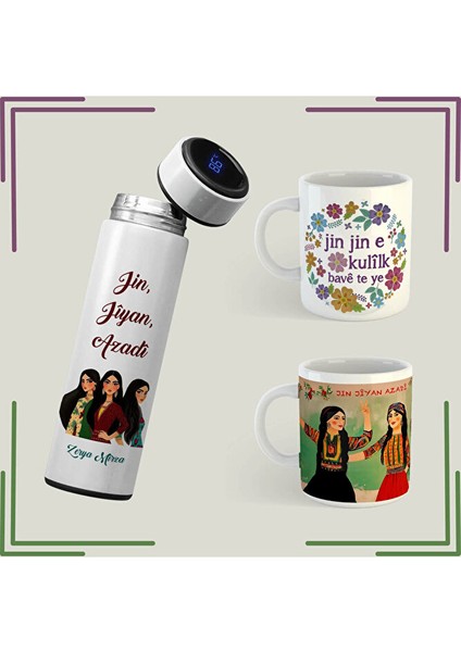 Isme Özel Jin Jiyan Azadi Kupa Termos Seti - Jin Jin E Kulilk Bavê Te Ye (Isim Için Mesaj Atınız)