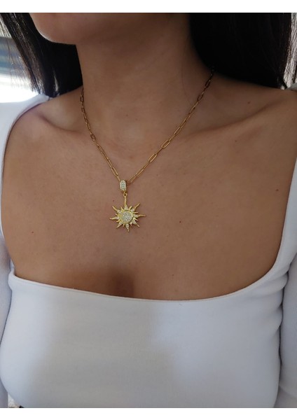 Kadın Zirkon Taşlı Çelik Zincir Güneş Kolye