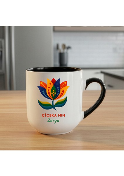 Sevgililere ve Isme Özel Kürtçe Çiçeka Min Elite Siyah Kupa Bardak (Isim Için Mesaj Atınız)