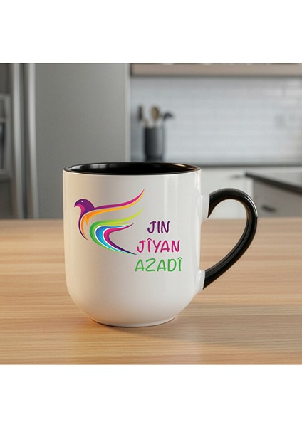 Jin Jiyan Azadi Yazılı Elite Oval Siyah Kupa Bardak - Jin Jiyan Azadi Elite Oval Kupası