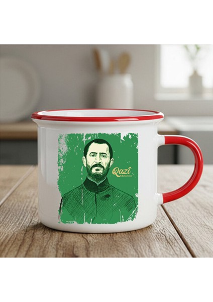 Qazi Muhammed Resimli Enamel Kırmızı Kupa Bardak - Qazi Muhammed Tasarımlı Enamel Kupası