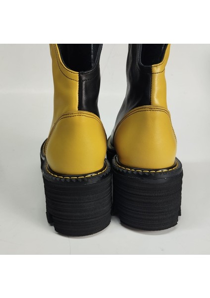 Kadın Hakiki Deri Sarı - Siyah Garnili Eva Taban Bot