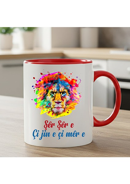 Kürtçe Şêr Şêr E Çi Jin E Çi Mêr E Yazılı Klasik Kırmızı Kupa Bardak - Kürtçe Atasözlü Kırmızı Kupa