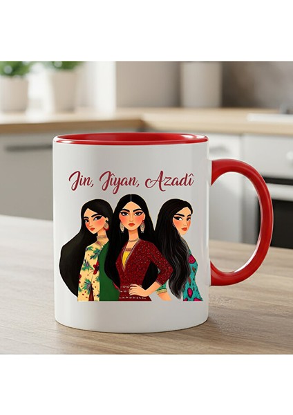 Kürtçe Jin Jiyan Azadi Kadın Tasarımlı Kırmızı Renk Kupa Bardağı - Jin Jiyan Azadi Kırmızı Kupası