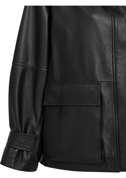 Fancy Kadın Siyah Devrik Yaka Oversize Deri Mont 25WGD5625U4