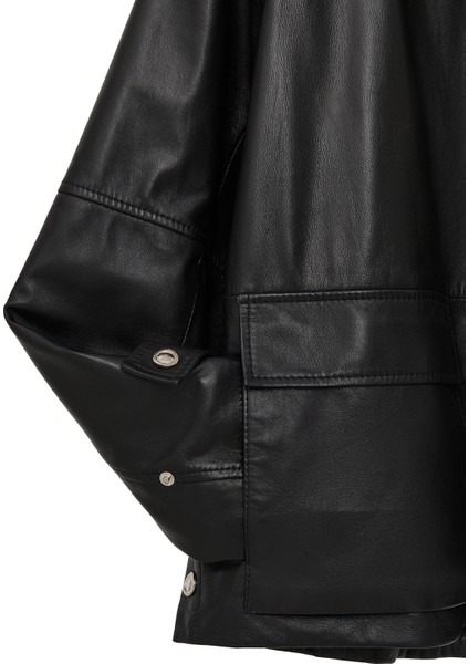 Fancy Kadın Siyah Devrik Yaka Oversize Deri Mont 25WGD5625U4