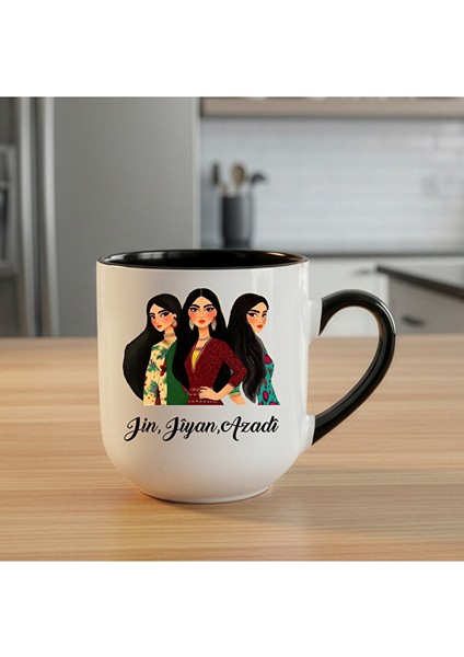 Jin Jiyan Azadi Tasarımlı Elite Siyah Oval Kupa Bardak - Jin Jiyan Azadi Içi Siyah Kupası