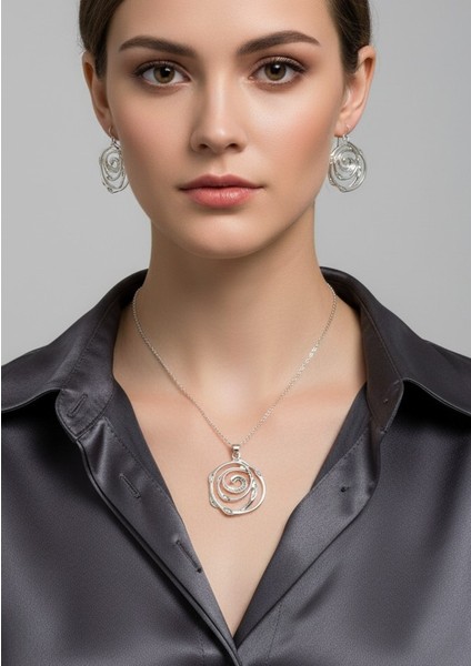 Retro Vintage Spiral Desenli Kolye ve Küpe Seti, 3 Parça