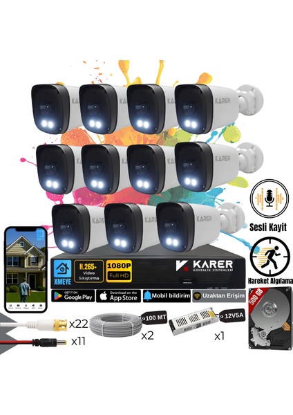 Exitcam-11'li Ahd Güvenlik Kamera Seti-Gece Renkli- Su Geçirmez-2 Mp Full Hd