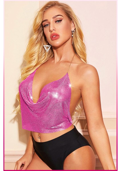 Kristal Taşlı Parlak Crop & Bluz Kolsuz Kayık Yaka Parti Plaj Büstiyer fırsatları