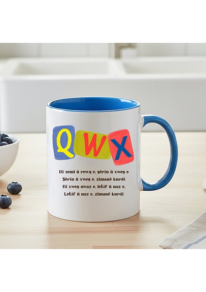 Mavi Renkli Kürtçe Zimanê Kurdi Tasarımlı Kupa Bardağı - Zimanê Kurdi Mavi Kupa Bardak