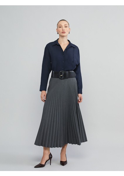 Classic Gri Beli Fermuarlı Pileli Etek