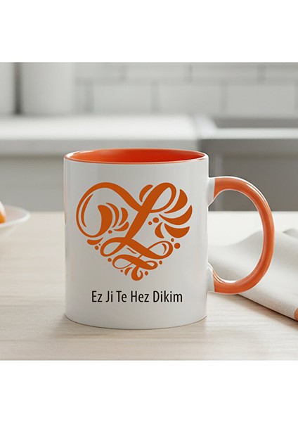 Sevgiliye Özel Kürtçe Ez Ji Te Hez Dikim Kalpli Turuncu Kupa Bardak - Ez Ji Te Hezdikim Turuncu Kupa