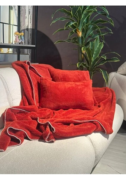 Wellsoft Tek Kişilik Tv Battaniye ve Kırlent Seti | Kiremit |150 x 200 cm