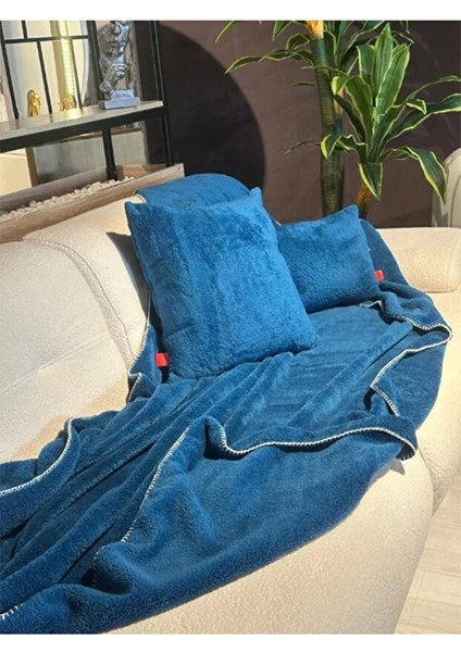Wellsoft Tek Kişilik Tv Battaniye ve Kırlent Seti | Mavi |150 x 200 cm