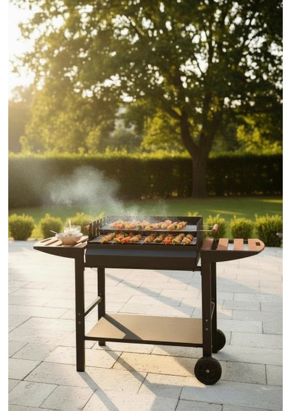 Büyük Boy Kömürlü Mangal – Çift Izgara, Tekerlekli, Ayarlanabilir Krom Izgara, Barbekü Mangal