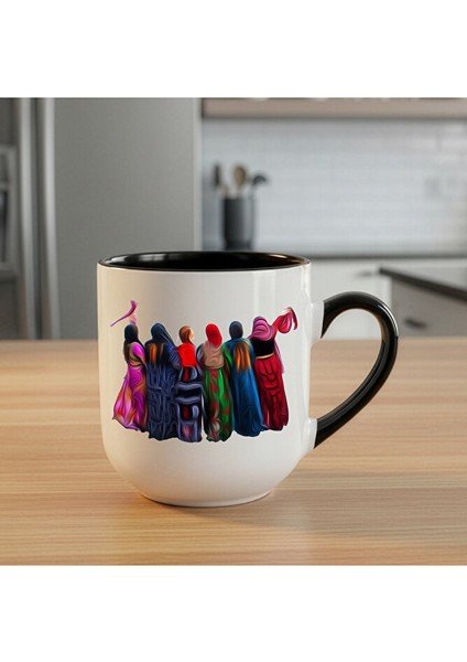 Kadın Halay Motifli Elite Kupa Bardak - Kadın Halay Govend Içi Siyah Oval Kupası