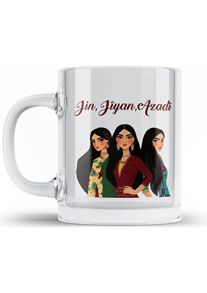 Jın Jiyan Azadi Camlı Bardak - Jin Jiyan Azadi Temalı Şeffaf Camlı Kupa Bardak