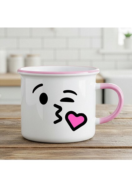 Öpücük Emojili Enamel Pembe Kupa Bardak - Öpücük Emojili Enamel Kupası