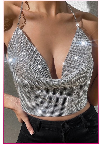 Kristal Taşlı Parlak Crop & Bluz Kolsuz Kayık Yaka Parti Plaj Büstiyer