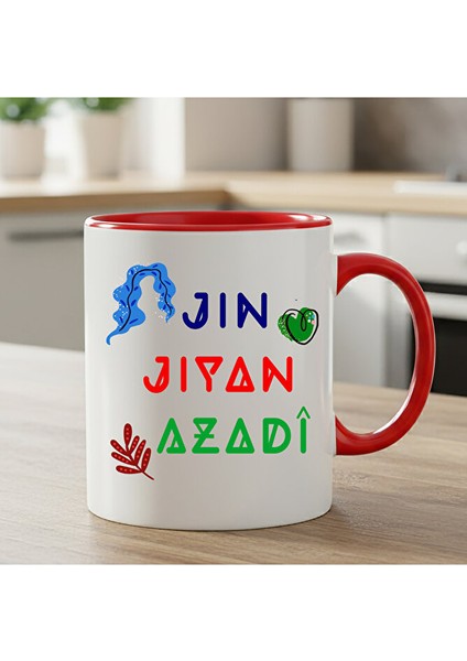Kürtçe Jin Jiyan Azadi Yazılı Kırmızı Renkli Klasik Kupa Bardağı - Jin Jiyan Azadi Kırmızı Kupası