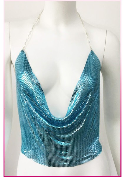 Kristal Taşlı Parlak Crop & Bluz Kolsuz Kayık Yaka Parti Plaj Büstiyer