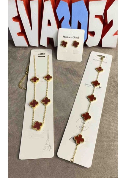 Gold Bordo Yonca 3lü Çelik Taki Seti