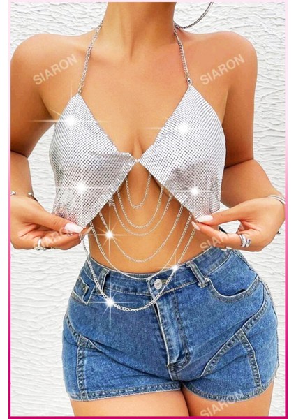 Desenli Zincirli Işıltılı Halter Yaka Parti Üstü & Kadın Gecelik Bluz fiyatları