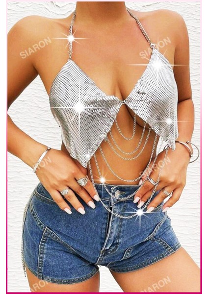 Desenli Zincirli Işıltılı Halter Yaka Parti Üstü & Kadın Gecelik Bluz indirimleri