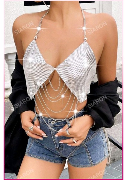 Desenli Zincirli Işıltılı Halter Yaka Parti Üstü & Kadın Gecelik Bluz