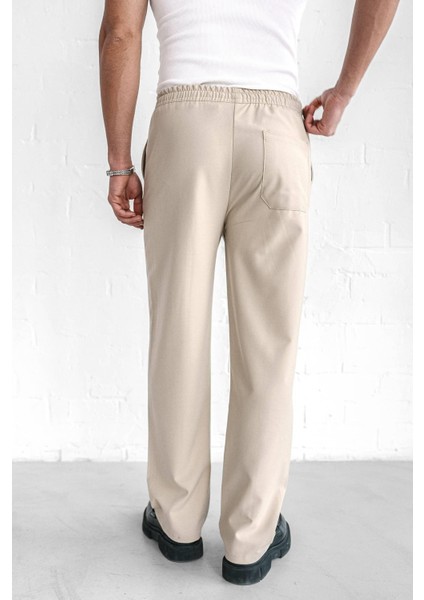 Erkek Beli Lastikli Baggy Pantolon Krem indirimleri