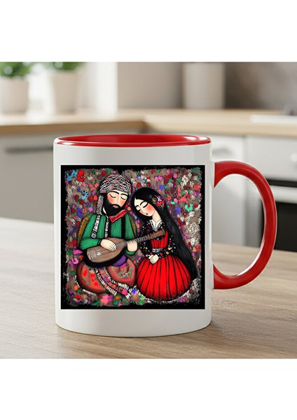 Sevgiliye Özel Mem Û Zin Tasarımlı Kırmızı Kupa Bardak - Mem Û Zin Tasarımlı Klasik Kırmızı Kupası