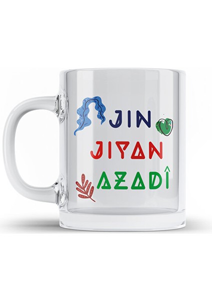 Jin Jiyan Azadi Temalı Şeffaf Camlı Kupa Bardak - Jin Jiyan Azadi Camlı Bardağı